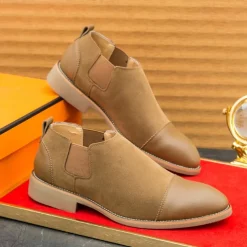Men's Tan Chelsea Boots with Faux Leather and Suede Upper – Slip-On Elastic Design, Casual and Comfortable for Daily Wear or Semi-Formal Occasions