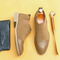 Men's Tan Chelsea Boots with Faux Leather and Suede Upper – Slip-On Elastic Design, Casual and Comfortable for Daily Wear or Semi-Formal Occasions