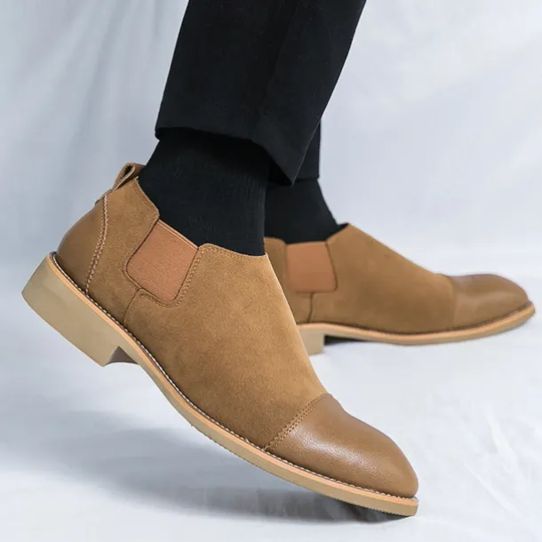 Men's Tan Chelsea Boots with Faux Leather and Suede Upper – Slip-On Elastic Design, Casual and Comfortable for Daily Wear or Semi-Formal Occasions
