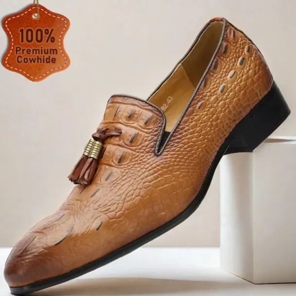 Men's Tan Crocodile Embossed Leather Loafers with Tassel Detail – Premium Cowhide Formal & Casual Dress Shoes