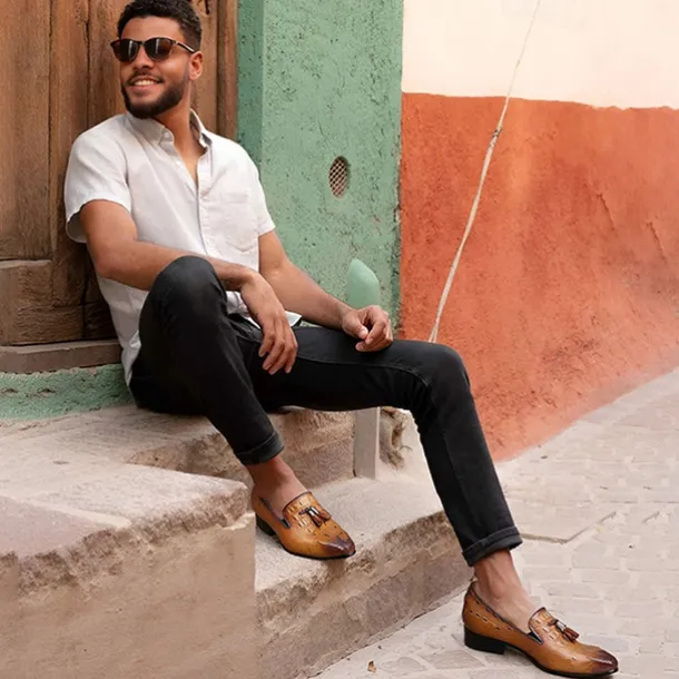 Men's Tan Crocodile Embossed Leather Loafers with Tassel Detail – Premium Cowhide Formal & Casual Dress Shoes