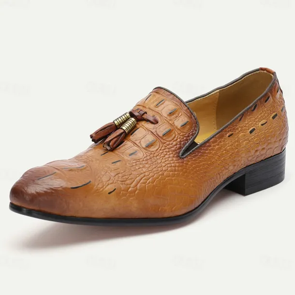 Men's Tan Crocodile Embossed Leather Loafers with Tassel Detail – Premium Cowhide Formal & Casual Dress Shoes