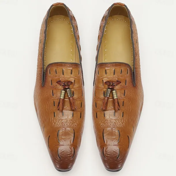 Men's Tan Crocodile Embossed Leather Loafers with Tassel Detail – Premium Cowhide Formal & Casual Dress Shoes