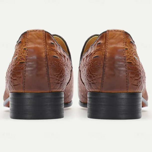 Men's Tan Crocodile Embossed Leather Loafers with Tassel Detail – Premium Cowhide Formal & Casual Dress Shoes