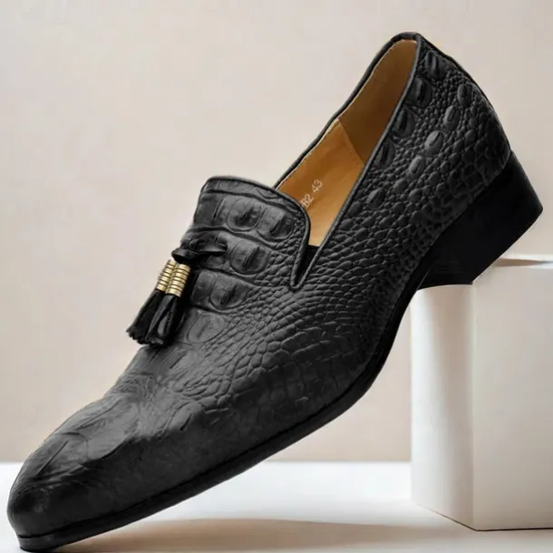 Men's Tan Crocodile Embossed Leather Loafers with Tassel Detail – Premium Cowhide Formal & Casual Dress Shoes