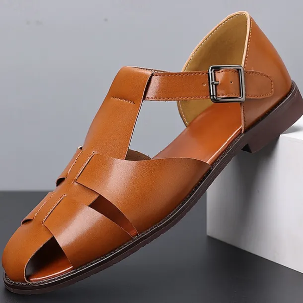 Men's Tan Faux Leather Open-Toe Sandals with Adjustable Buckle Strap, Casual Style for Everyday Wear