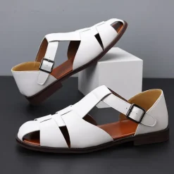 Men's Tan Faux Leather Open-Toe Sandals with Adjustable Buckle Strap, Casual Style for Everyday Wear