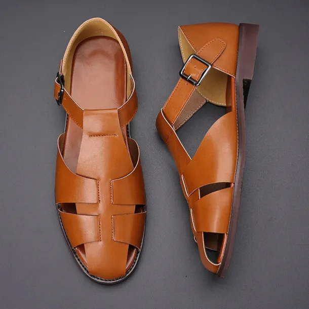 Men's Tan Faux Leather Open-Toe Sandals with Adjustable Buckle Strap, Casual Style for Everyday Wear