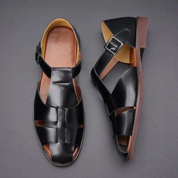 Men's Tan Faux Leather Open-Toe Sandals with Adjustable Buckle Strap, Casual Style for Everyday Wear