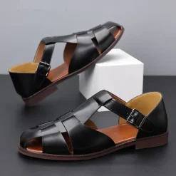 Men's Tan Faux Leather Open-Toe Sandals with Adjustable Buckle Strap, Casual Style for Everyday Wear