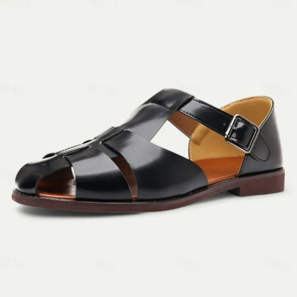 Men's Tan Faux Leather Open-Toe Sandals with Adjustable Buckle Strap, Casual Style for Everyday Wear