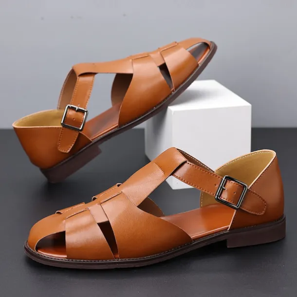 Men's Tan Faux Leather Open-Toe Sandals with Adjustable Buckle Strap, Casual Style for Everyday Wear