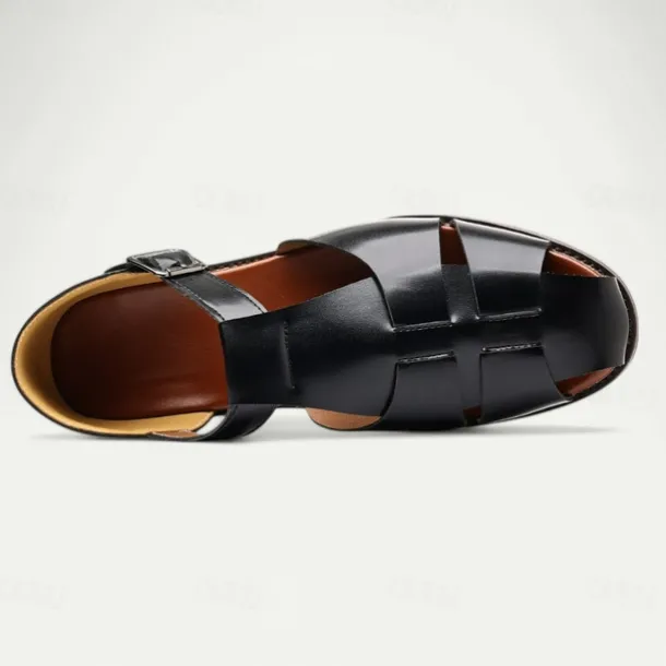 Men's Tan Faux Leather Open-Toe Sandals with Adjustable Buckle Strap, Casual Style for Everyday Wear