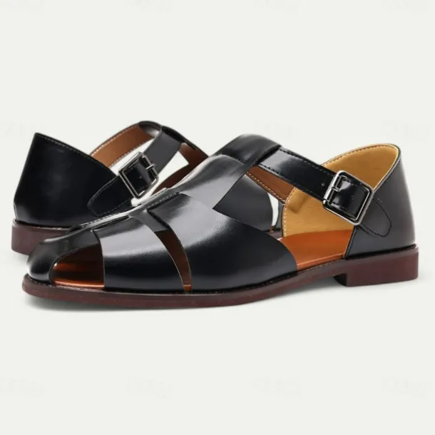 Men's Tan Faux Leather Open-Toe Sandals with Adjustable Buckle Strap, Casual Style for Everyday Wear