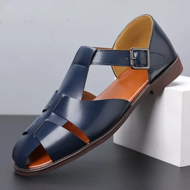 Men's Tan Faux Leather Open-Toe Sandals with Adjustable Buckle Strap, Casual Style for Everyday Wear