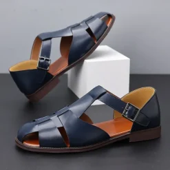 Men's Tan Faux Leather Open-Toe Sandals with Adjustable Buckle Strap, Casual Style for Everyday Wear