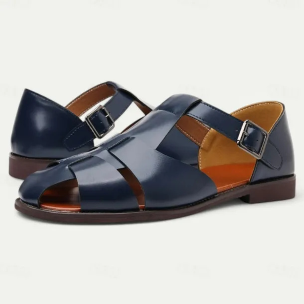 Men's Tan Faux Leather Open-Toe Sandals with Adjustable Buckle Strap, Casual Style for Everyday Wear