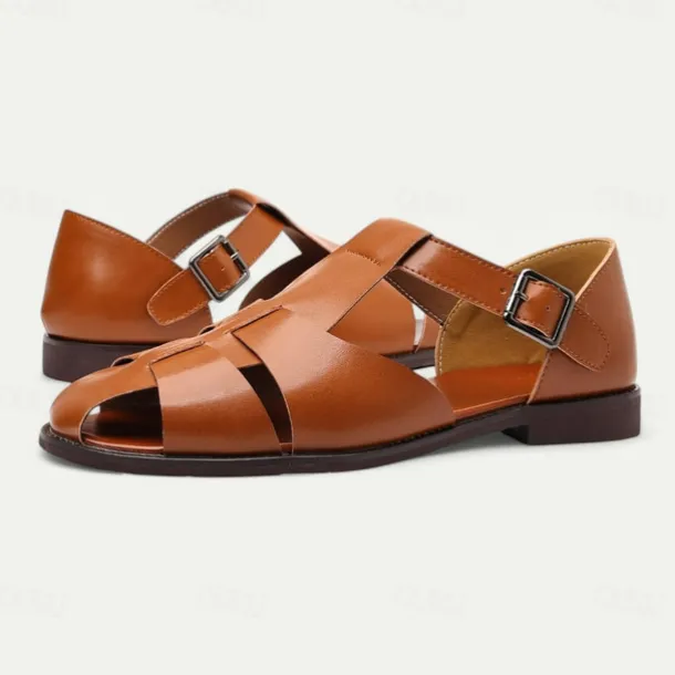 Men's Tan Faux Leather Open-Toe Sandals with Adjustable Buckle Strap, Casual Style for Everyday Wear