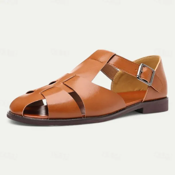 Men's Tan Faux Leather Open-Toe Sandals with Adjustable Buckle Strap, Casual Style for Everyday Wear
