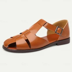 Men's Tan Faux Leather Open-Toe Sandals with Adjustable Buckle Strap, Casual Style for Everyday Wear