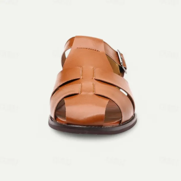 Men's Tan Faux Leather Open-Toe Sandals with Adjustable Buckle Strap, Casual Style for Everyday Wear