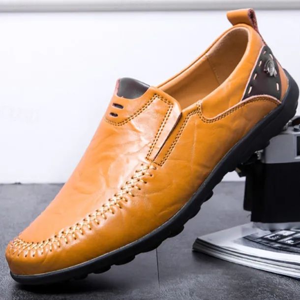 Men's Tan Faux Leather Slip-On Loafers with Hand-Stitched Detailing – Comfortable Casual Shoes for Work, Travel, and Everyday Wear