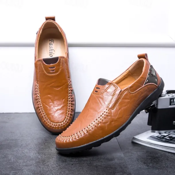 Men's Tan Faux Leather Slip-On Loafers with Hand-Stitched Detailing – Comfortable Casual Shoes for Work, Travel, and Everyday Wear