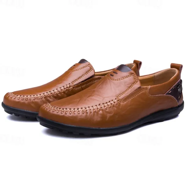 Men's Tan Faux Leather Slip-On Loafers with Hand-Stitched Detailing – Comfortable Casual Shoes for Work, Travel, and Everyday Wear