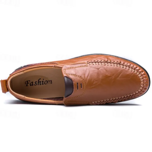 Men's Tan Faux Leather Slip-On Loafers with Hand-Stitched Detailing – Comfortable Casual Shoes for Work, Travel, and Everyday Wear