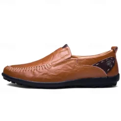 Men's Tan Faux Leather Slip-On Loafers with Hand-Stitched Detailing – Comfortable Casual Shoes for Work, Travel, and Everyday Wear