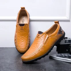 Men's Tan Faux Leather Slip-On Loafers with Hand-Stitched Detailing – Comfortable Casual Shoes for Work, Travel, and Everyday Wear