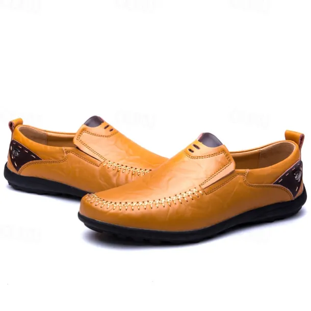 Men's Tan Faux Leather Slip-On Loafers with Hand-Stitched Detailing – Comfortable Casual Shoes for Work, Travel, and Everyday Wear