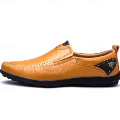 Men's Tan Faux Leather Slip-On Loafers with Hand-Stitched Detailing – Comfortable Casual Shoes for Work, Travel, and Everyday Wear
