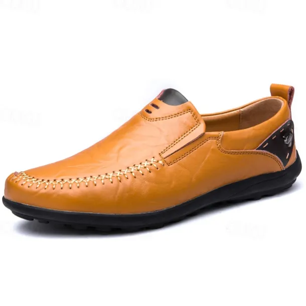 Men's Tan Faux Leather Slip-On Loafers with Hand-Stitched Detailing – Comfortable Casual Shoes for Work, Travel, and Everyday Wear