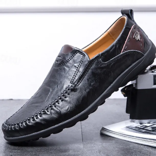 Men's Tan Faux Leather Slip-On Loafers with Hand-Stitched Detailing – Comfortable Casual Shoes for Work, Travel, and Everyday Wear