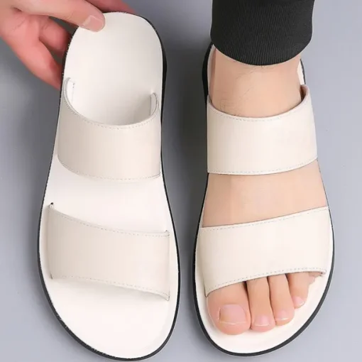 Men's Tan Faux Leather Slide Sandals – Minimalist Double Strap Design, Lightweight and Comfortable Summer Footwear for Beach and Casual Wear
