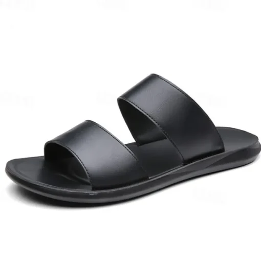 Men's Tan Faux Leather Slide Sandals – Minimalist Double Strap Design, Lightweight and Comfortable Summer Footwear for Beach and Casual Wear