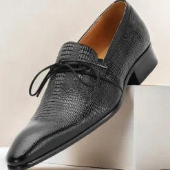 Men's Tan Genuine Leather Oxford Shoes – Vintage Crocodile Pattern Lace-Up Dress Shoes for Kentucky Derby & Special Occasions