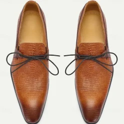 Men's Tan Genuine Leather Oxford Shoes – Vintage Crocodile Pattern Lace-Up Dress Shoes for Kentucky Derby & Special Occasions