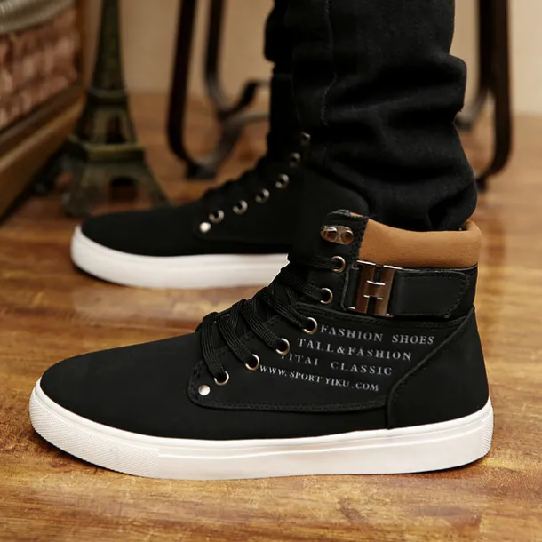 Men's Tan High-Top Sneakers with Lace-Up Design and Buckle Detail for Casual and Streetwear