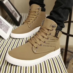 Men's Tan High-Top Sneakers with Lace-Up Design and Buckle Detail for Casual and Streetwear