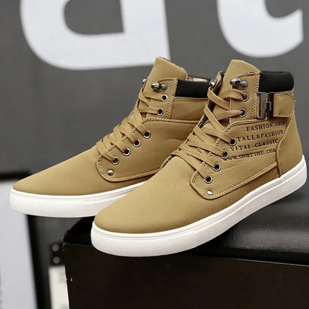 Men's Tan High-Top Sneakers with Lace-Up Design and Buckle Detail for Casual and Streetwear