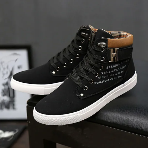 Men's Tan High-Top Sneakers with Lace-Up Design and Buckle Detail for Casual and Streetwear