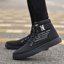 Men's Tan High-Top Sneakers with Lace-Up Design and Buckle Detail for Casual and Streetwear