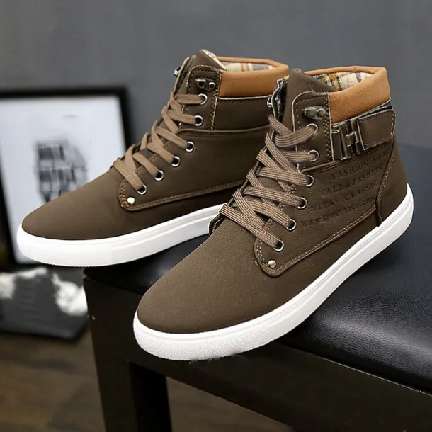 Men's Tan High-Top Sneakers with Lace-Up Design and Buckle Detail for Casual and Streetwear