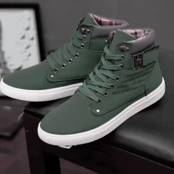 Men's Tan High-Top Sneakers with Lace-Up Design and Buckle Detail for Casual and Streetwear