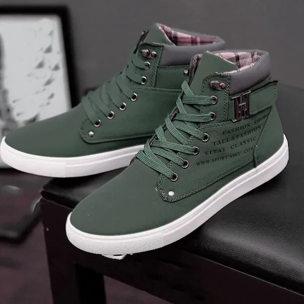 Men's Tan High-Top Sneakers with Lace-Up Design and Buckle Detail for Casual and Streetwear