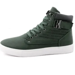 Men's Tan High-Top Sneakers with Lace-Up Design and Buckle Detail for Casual and Streetwear