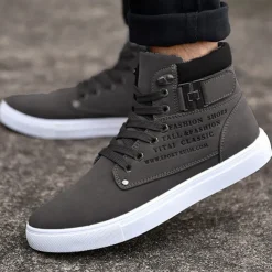 Men's Tan High-Top Sneakers with Lace-Up Design and Buckle Detail for Casual and Streetwear