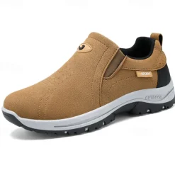 Men's Tan Slip-On Hiking Shoes - Lightweight Outdoor Walking Sneakers with Non-Slip Sole for Trekking and Daily Wear